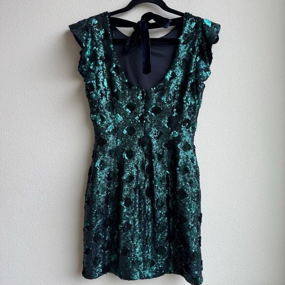 Zara Sequin Teal Black Blue Mini Party New Years Cocktail Bow Back Dress Small - Picture 3 of 5